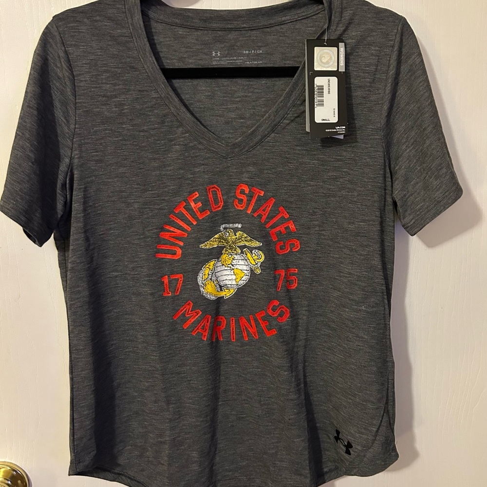 Under Armour Gray V-Neck T-Shirt with Red and Yellow Marines Logo